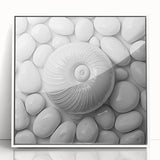 Art deco poster featuring close-up nature elements in muted green and white tones, acrylic print framed in white.