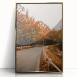 Large art print of a mid-century modernist autumn scene in warm gold tones, framed acrylic, ideal for modern art wall decor.
