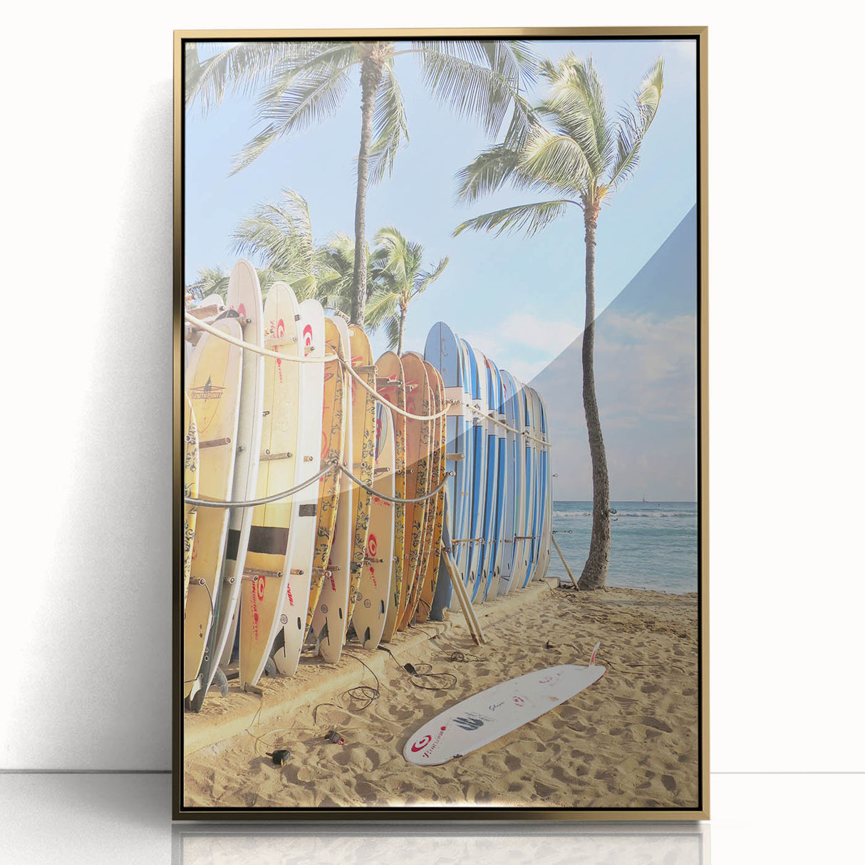 Mid-century modernist summer scene on large acrylic print, with warm gold and orange tones, ideal for nursery wall art.