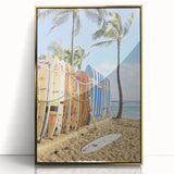Mid-century modernist summer scene on large acrylic print, with warm gold and orange tones, ideal for nursery wall art.