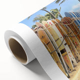 Art deco poster of summer season on rolled canvas, in pastel shades, ideal for nursery wall art.