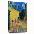 Large abstract wall art on acrylic glass depicting dynamic swirls in blue and yellow tones.