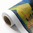 Art deco poster of a tranquil landscape on rolled canvas, with soft pastel colors, ideal for nursery wall art.