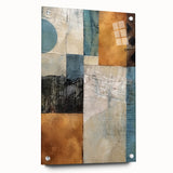 Abstract wall art featuring vibrant strokes in blue, orange, and yellow on acrylic glass, displayed in a side view with mounting pins. Ideal for modern decor.