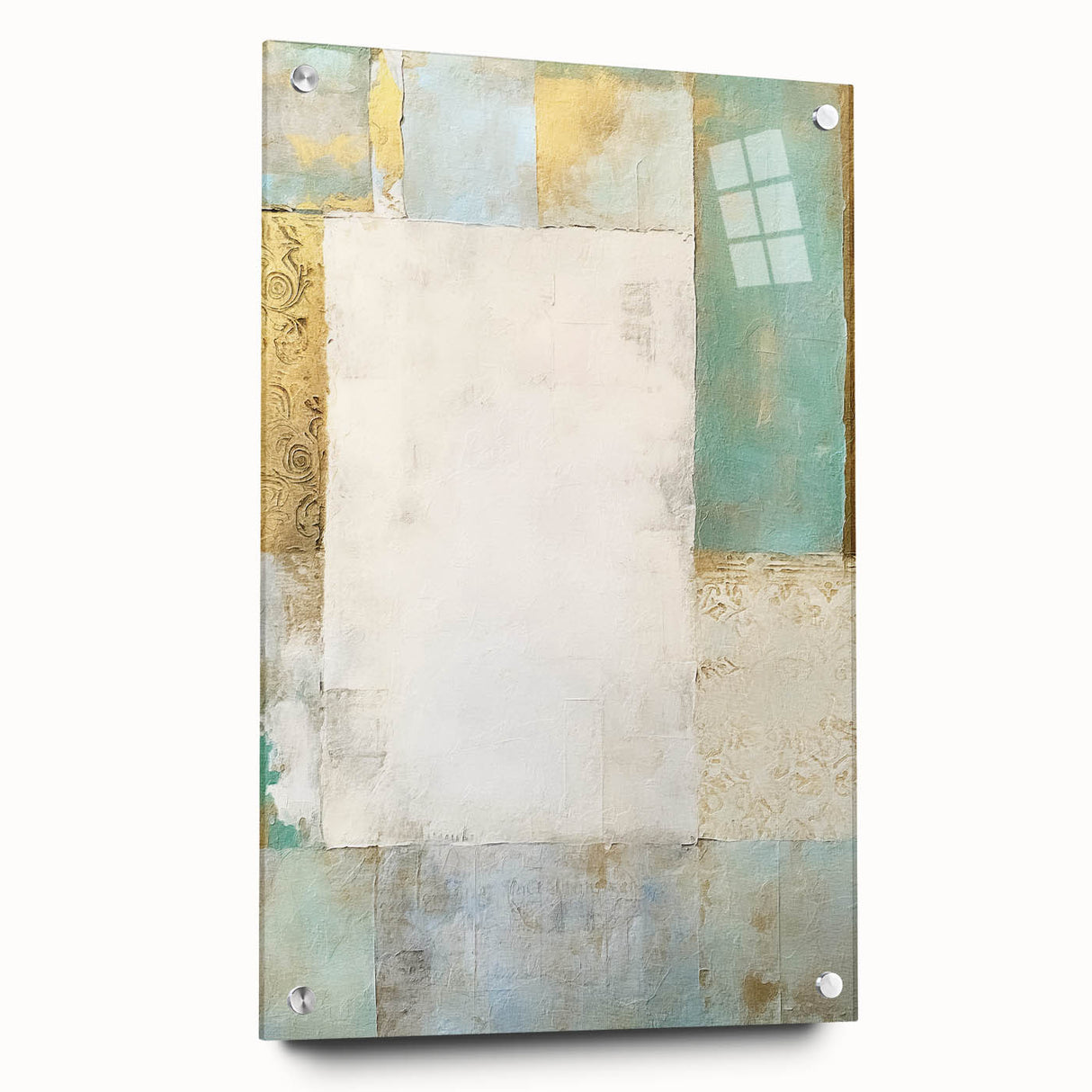 Abstract wall art featuring colorful strokes in vibrant hues of blue, pink, and yellow, framed in acrylic glass with decorative pins, ideal for modern decor.