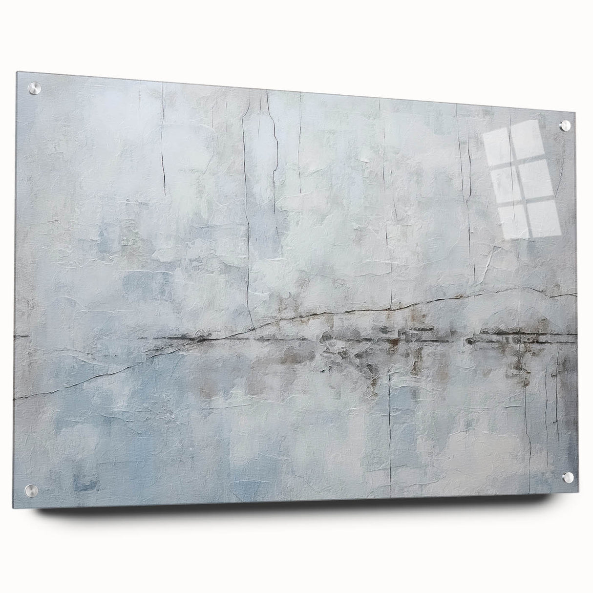 Abstract strokes wall art piece displayed in acrylic glass, showcasing vibrant colors and dynamic patterns, ideal for modern home decor. Side view highlights pin attachments for easy hanging.
