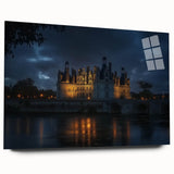 Acrylic landscape artwork depicting a majestic castle surrounded by verdant hills, showcased in a glass frame with a sleek side view, enhancing any decor.