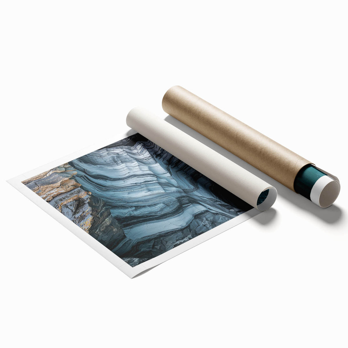 Vibrant rolled print depicting a stunning landscape with intricate cave formations and rich earthy tones, ideal for home decor or art enthusiasts.