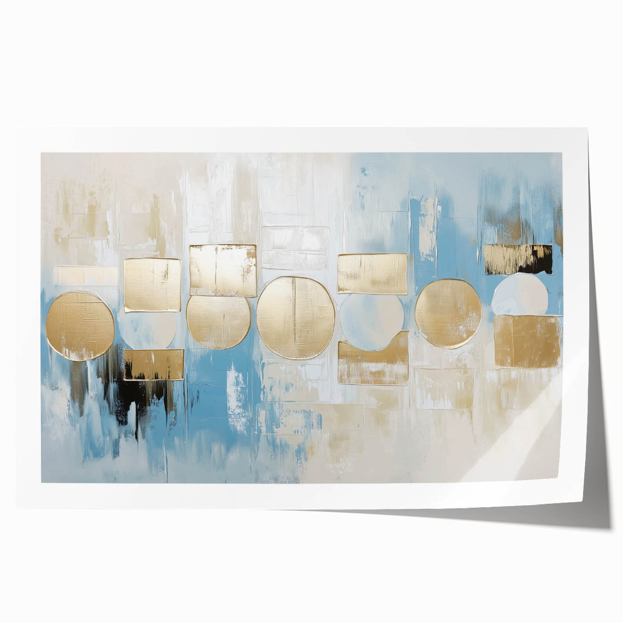 Abstract geometric art print showcasing vibrant blue, orange, and yellow shapes, rolled and ready for display, emphasizing modern design aesthetics and creativity.