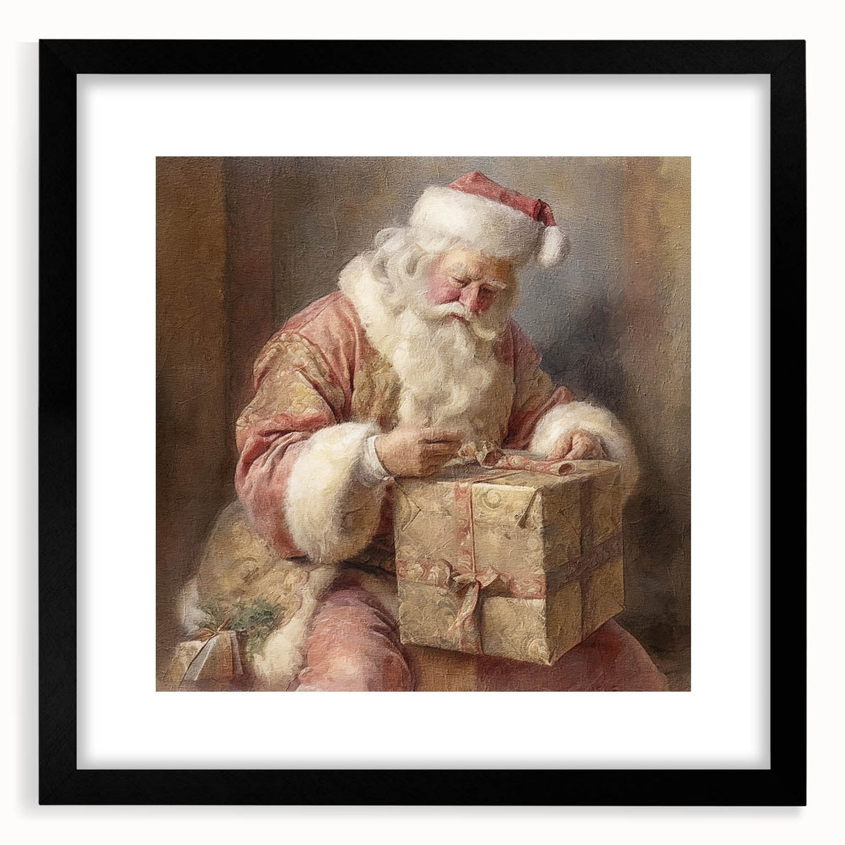 Festive Canvas Art - Santa Wrapping Large Gift Christmas Wall Decor
