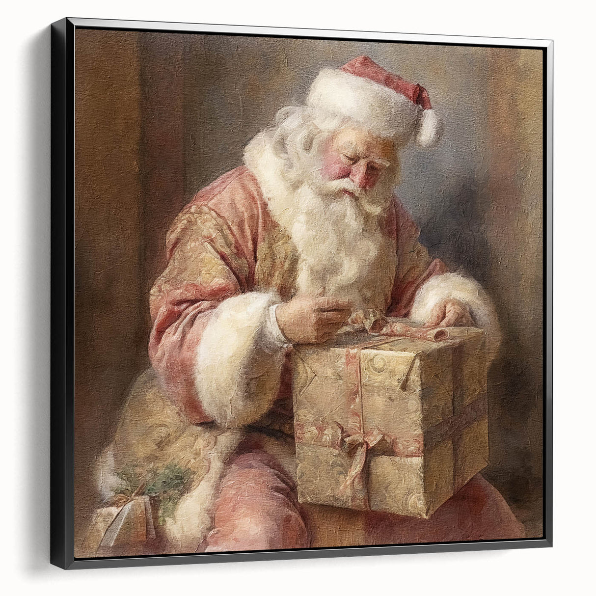 Festive Canvas Art - Santa Wrapping Large Gift Christmas Wall Decor
