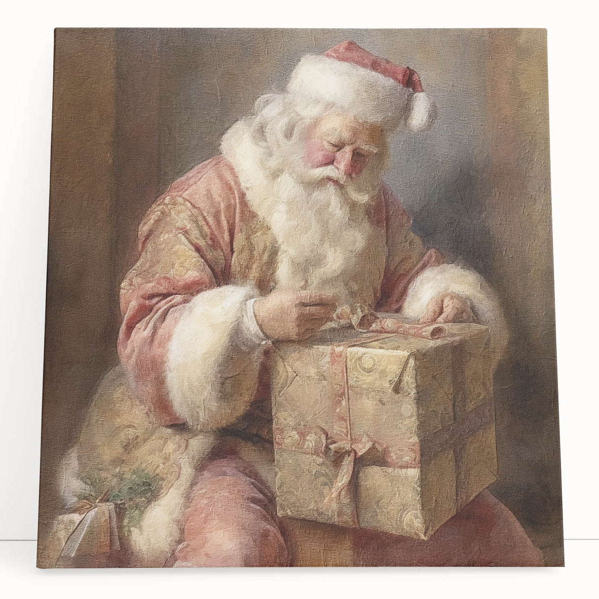 Festive Canvas Art - Santa Wrapping Large Gift Christmas Wall Decor