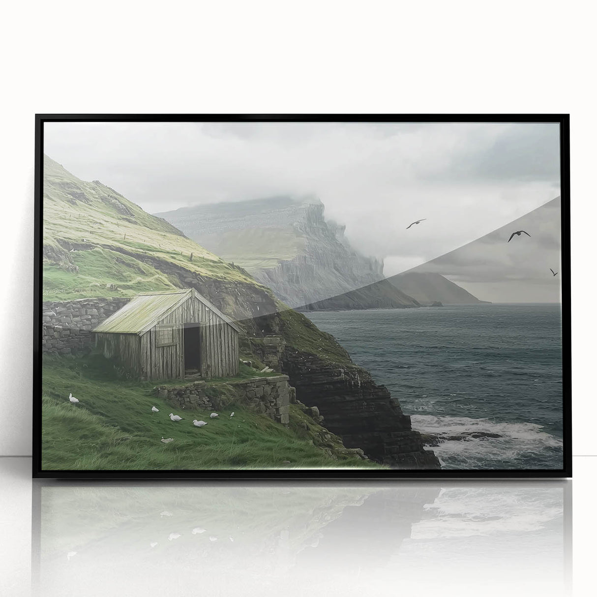 Framed acrylic artwork of a barn landscape in a black frame, showcasing vibrant colors and detailed scenery, perfect for home decor and farmhouse themes.