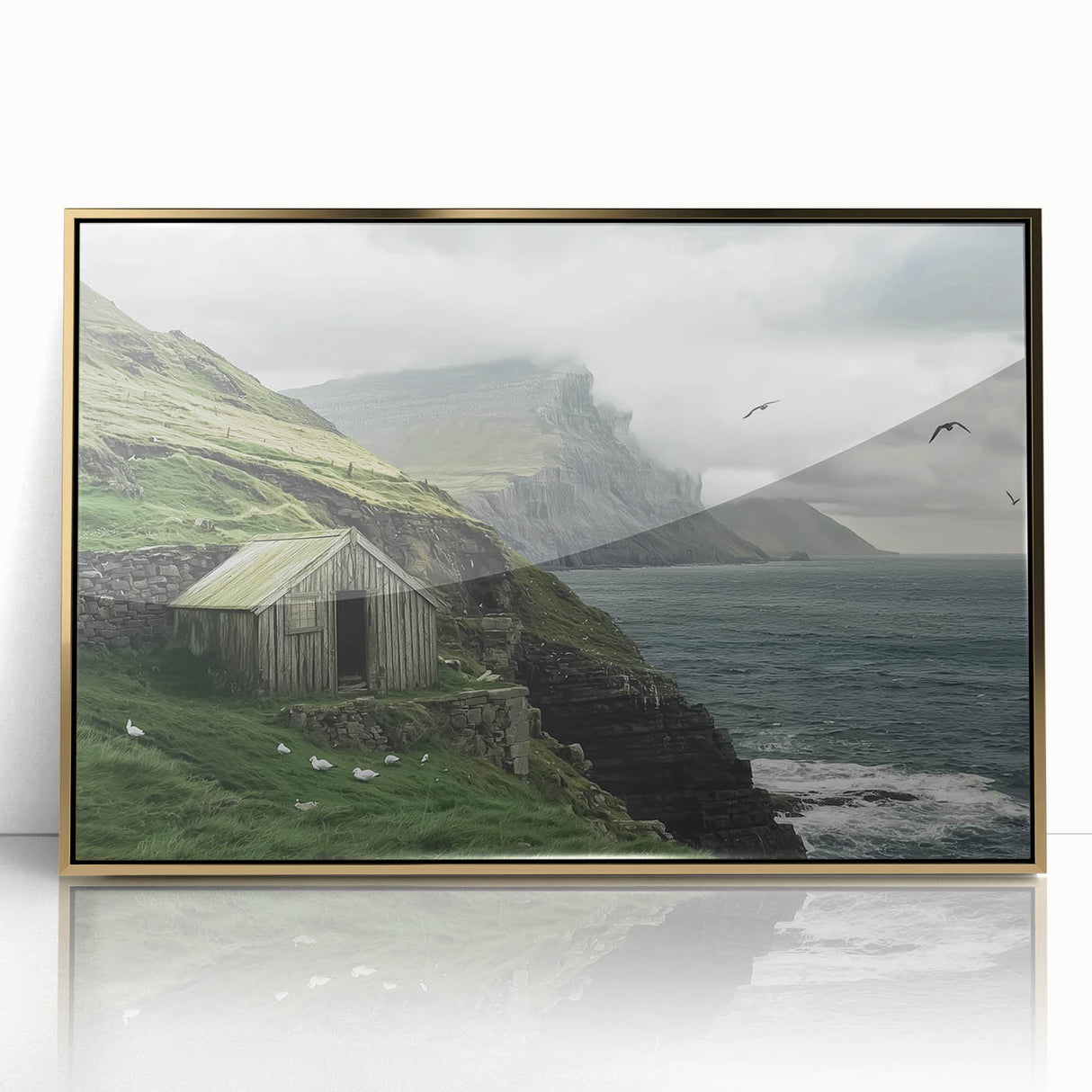 Framed acrylic artwork depicting a serene landscape with a rustic barn, accented by gold tones. Ideal for home decor, enhancing country-style interiors.