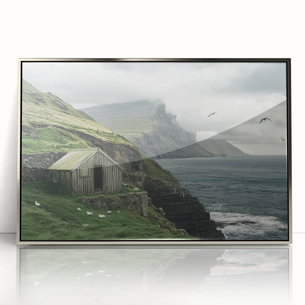 Elegant barn landscape framed in silver acrylic, showcasing vibrant colors and intricate details, perfect for enhancing home decor and interior design aesthetics.
