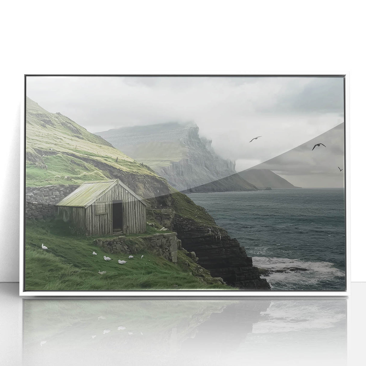 Framed acrylic artwork of a serene landscape depicting a rustic barn under a clear blue sky, showcasing vibrant colors and fine details, perfect for home decor.
