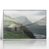 Framed acrylic artwork of a serene landscape depicting a rustic barn under a clear blue sky, showcasing vibrant colors and fine details, perfect for home decor.