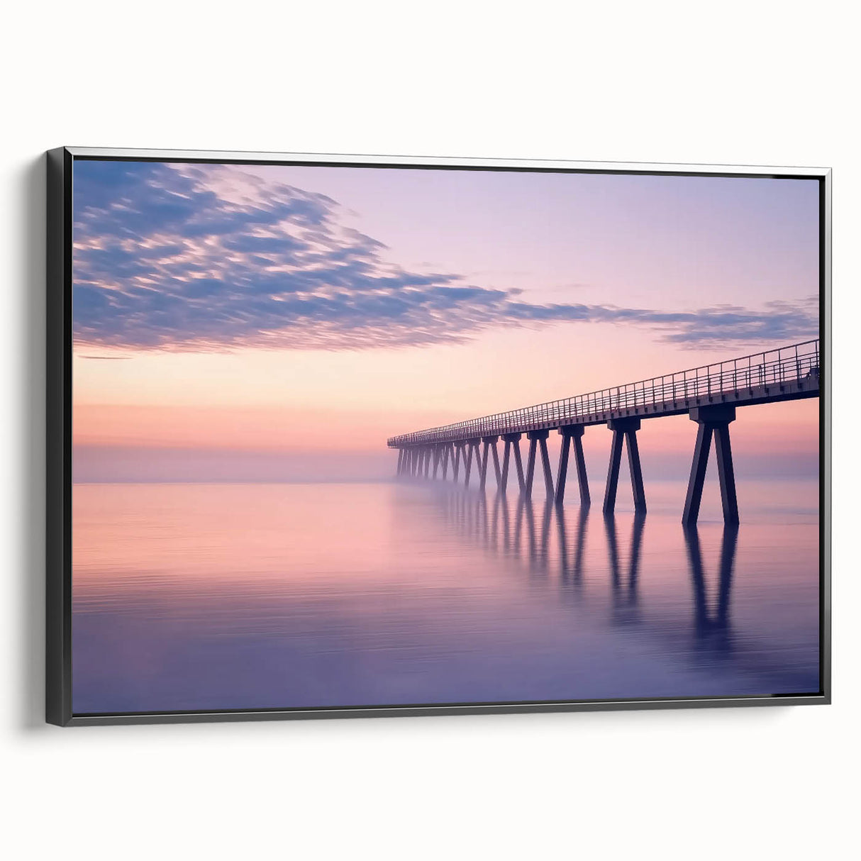 Framed canvas artwork showcasing a landscape bridge in a black frame, viewed from the side, highlighting intricate details and textures for home decor.