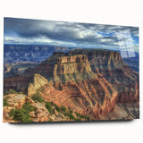Landscape acrylic glass artwork depicting vibrant canyons in warm hues, viewed from the side, showcasing sleek edges and a modern aesthetic, perfect for enhancing interior decor.