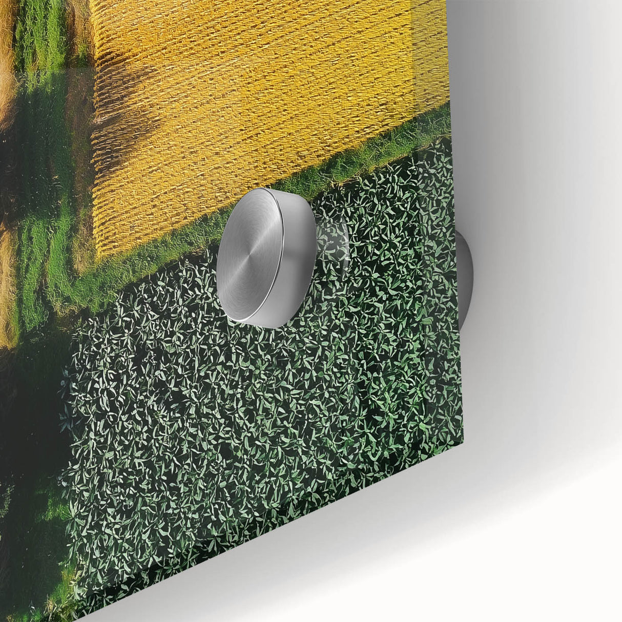 Close-up of an acrylic landscape artwork depicting a serene countryside scene with vibrant green fields, rolling hills, and a clear blue sky, perfect for home decor.