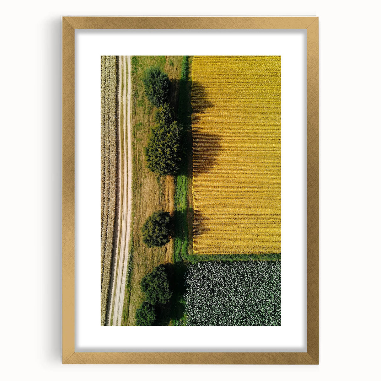 Elegant gold-framed landscape artwork showcasing serene countryside scenery, complete with a matte finish, ideal for enhancing home decor and creating a tranquil atmosphere.