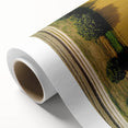 Rolled canvas artwork depicting a serene countryside landscape, showcasing lush green fields and rolling hills, perfect for home decor or office enhancement.