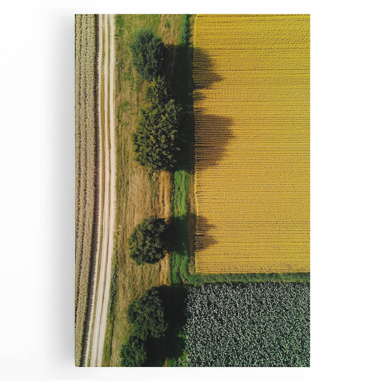 Stretched canvas artwork depicting a serene countryside landscape with rolling hills and a vibrant blue sky, ideal for home decor or art enthusiasts.