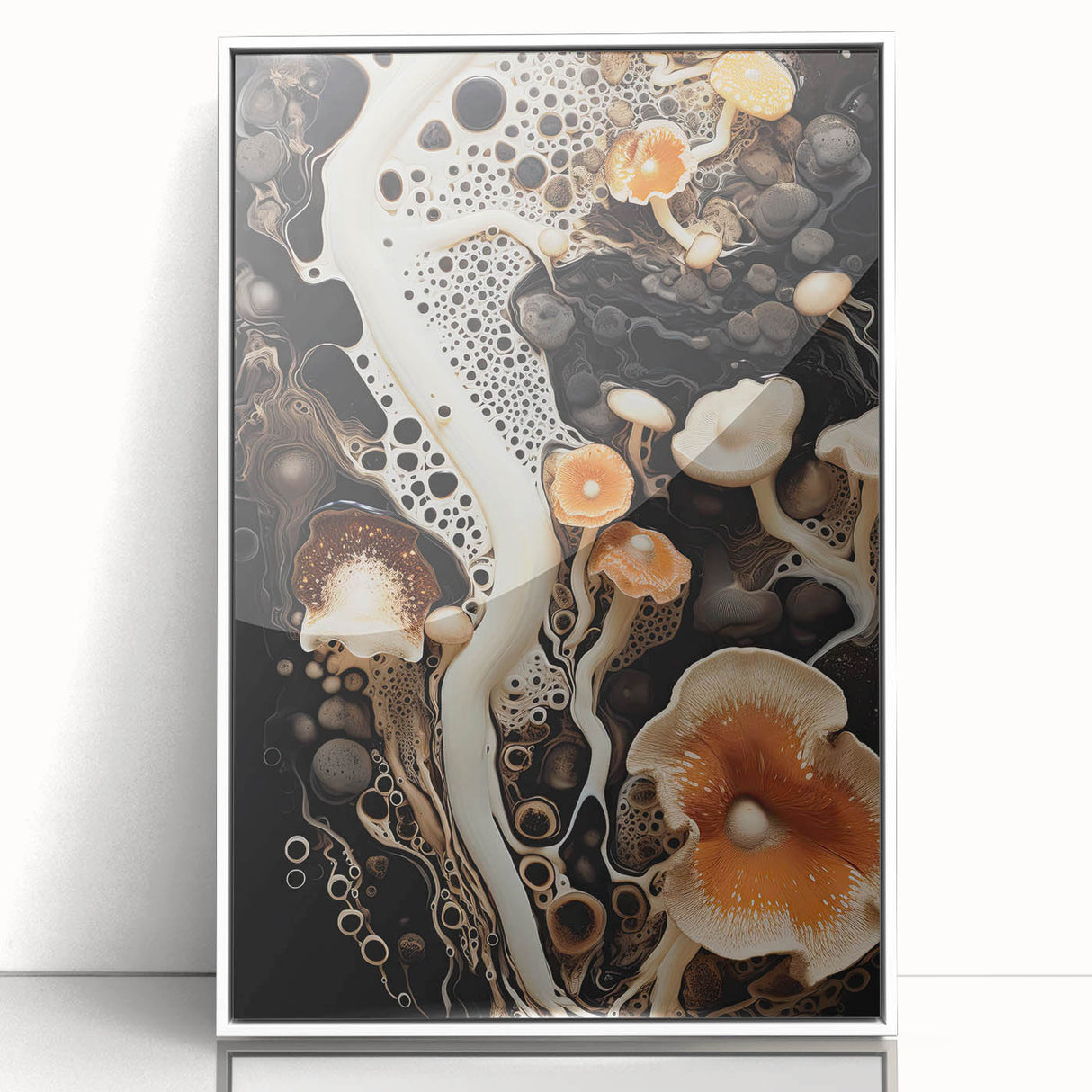 Art deco poster featuring geometric shapes in muted gold and white tones on acrylic, ideal for modern nursery wall art.
