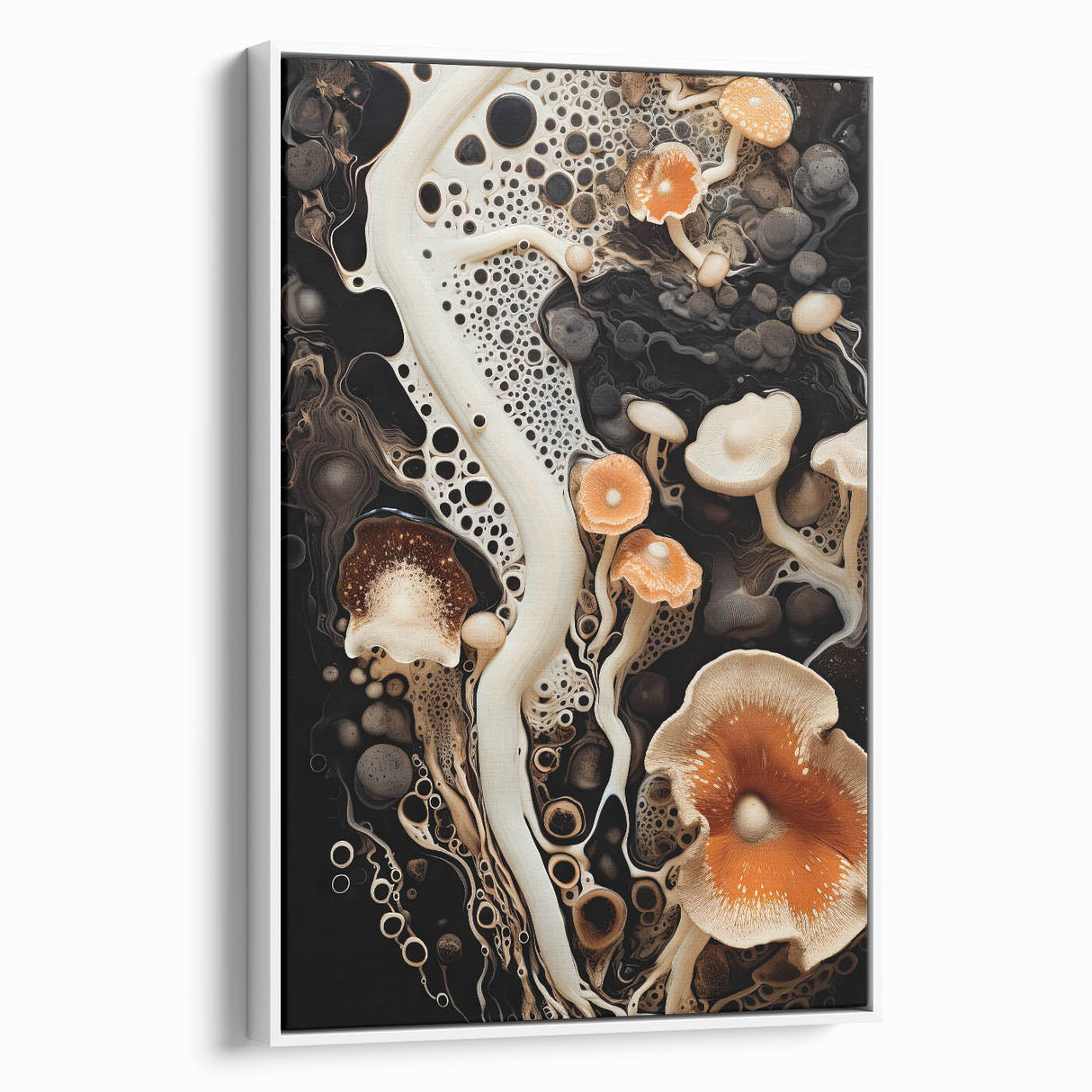 Vintage poster art on framed canvas featuring colorful natural elements against a black background.