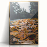 Large art print of a mid-century modernist fall scene in gold and orange tones, acrylic framed, ideal for nursery wall decor.