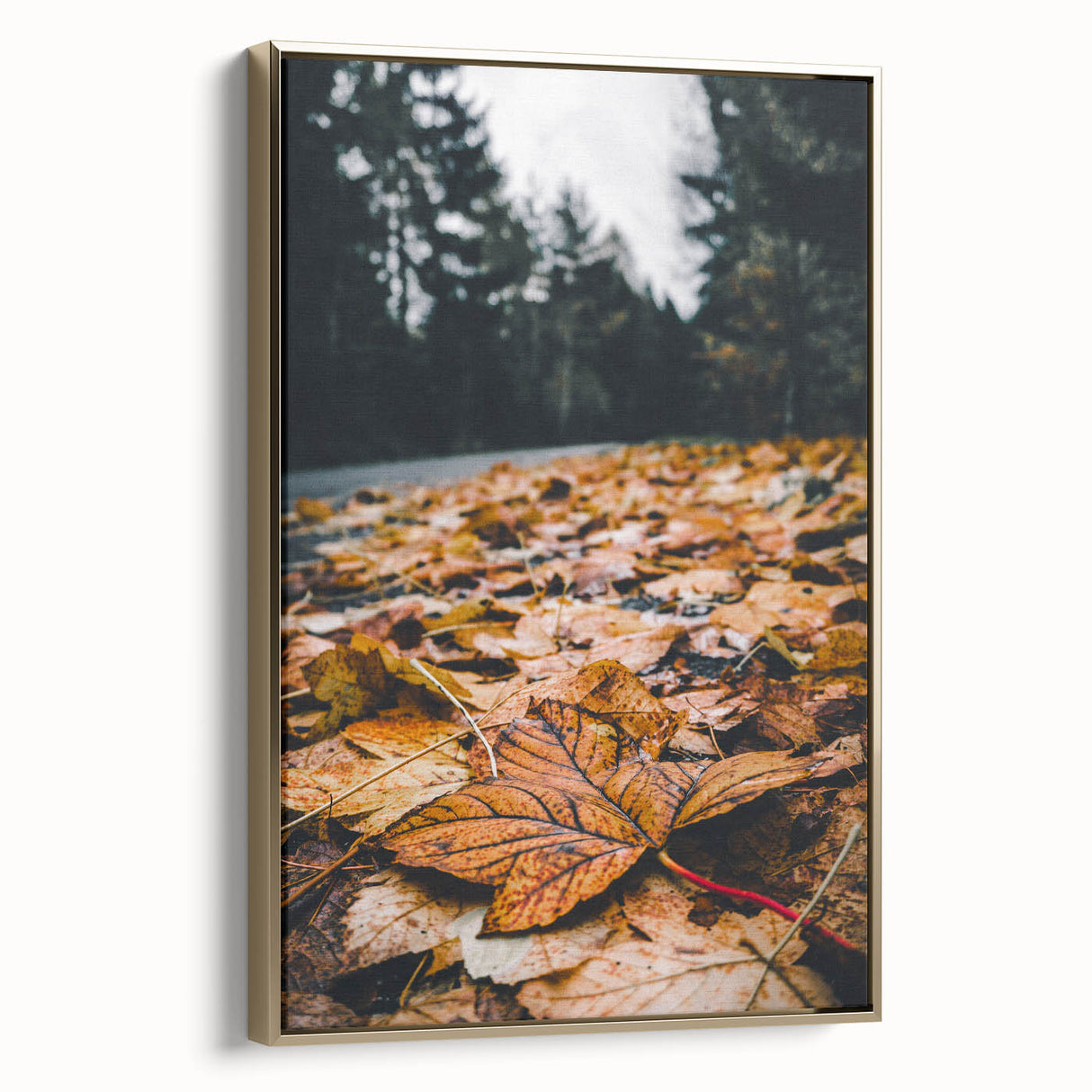 Framed canvas depicting a vintage fall landscape with muted gold and black tones, ideal for bedroom wall art.