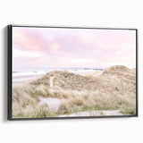 Black and white wall art featuring a vintage poster-style landscape painting on framed canvas, ideal for bedroom decor.