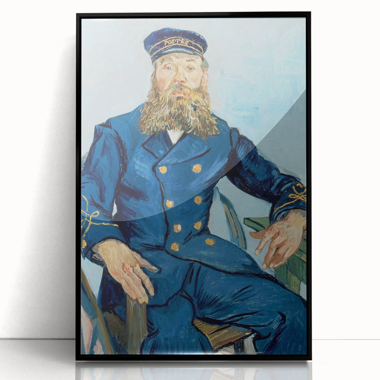 Large abstract wall art depicting a swirling blue and yellow pattern on a framed acrylic print.