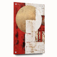 Abstract wall art featuring vibrant strokes in blue, orange, and yellow hues, displayed in a glass frame with pins, enhancing modern decor aesthetics.