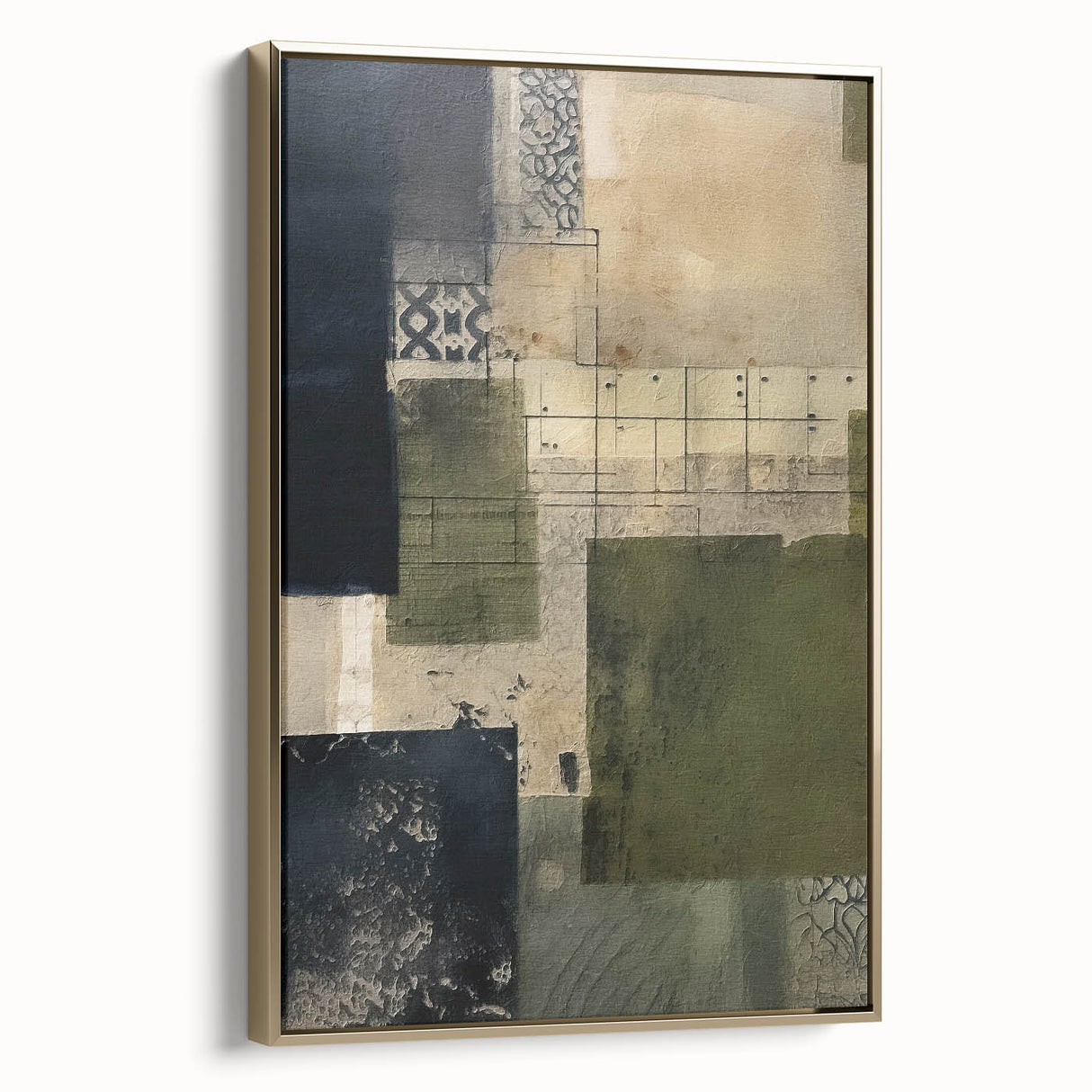 Framed abstract strokes wall art showcasing elegant gold and black hues, ideal for modern decor. Side view highlights its sleek design and texture, perfect for living spaces.