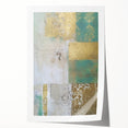 Abstract wall art print showcasing vibrant strokes in shades of blue, orange, and yellow, rolled and ready for display, perfect for modern home decor.