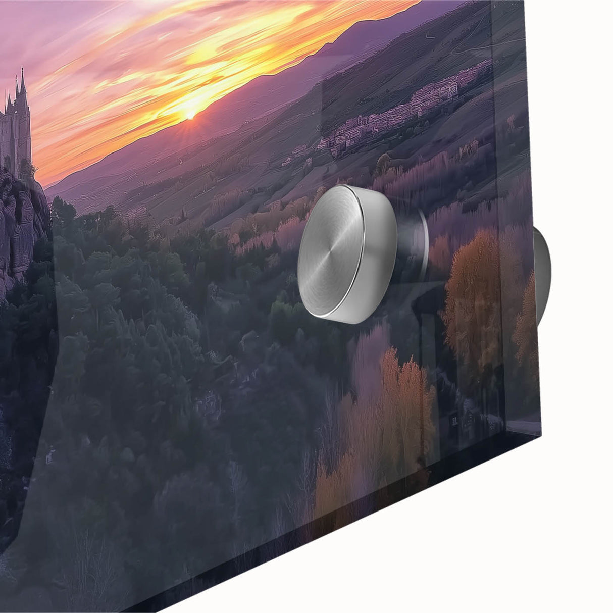 Close-up of an acrylic glass artwork depicting a vibrant landscape with majestic castles, showcasing intricate details and rich colors, perfect for home decor.