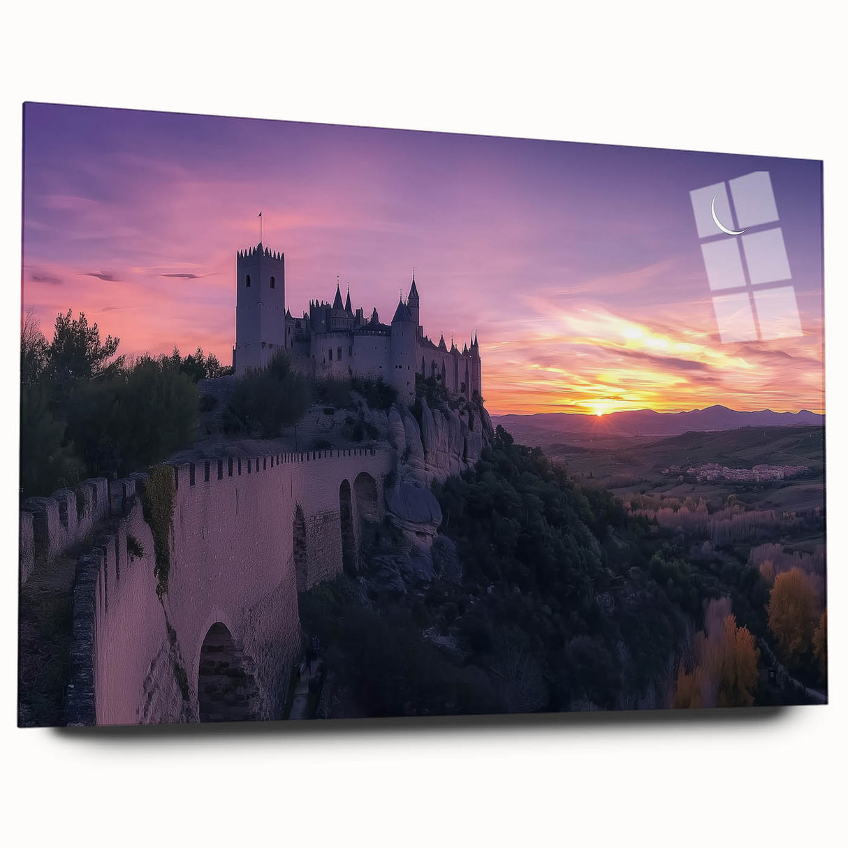 Acrylic glass artwork displaying a vibrant landscape of a castle surrounded by lush greenery, showcasing intricate details and vivid colors, ideal for home decor.