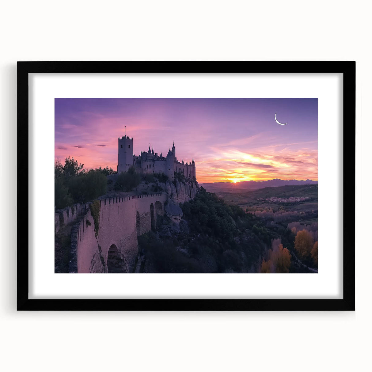 Elegant black-framed landscape artwork featuring a majestic castle set against a serene backdrop, complete with a white mat for a polished presentation. Ideal for home decor.