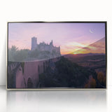 Framed acrylic artwork depicting a serene landscape with a majestic castle set against a vibrant sky, elegantly showcased in a silver frame, perfect for home decor.
