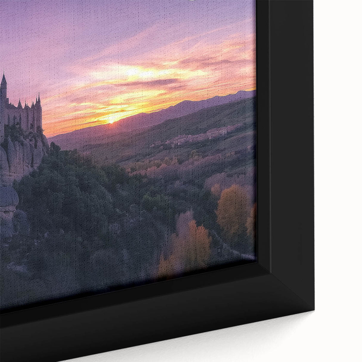 Close-up of a framed canvas artwork depicting a picturesque landscape with a castle, showcasing vibrant colors and intricate details, ideal for home decor.