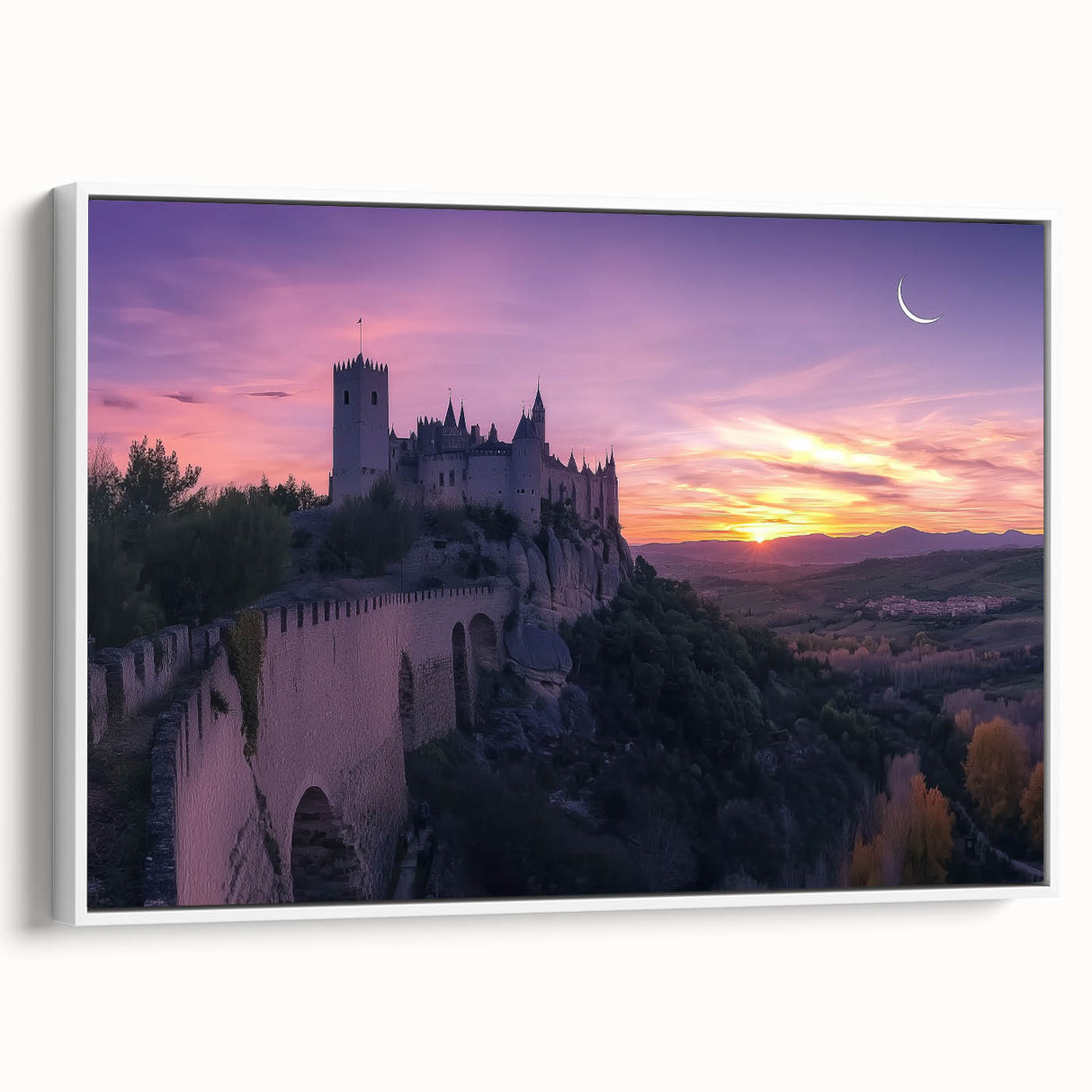 Framed canvas artwork depicting a serene landscape with a majestic castle surrounded by lush greenery, presented from a white side angle, perfect for home decor.