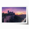 Rolled print showcasing a vibrant landscape with a majestic castle surrounded by lush greenery, ideal for home décor. Packaged securely in a cardboard tube for easy transport.