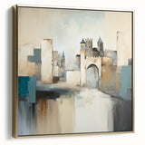 Framed abstract architecture wall art showcasing a blend of silver and gold tones, perfect for modern decor. Ideal for enhancing living spaces with elegance.