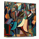 Abstract figurative wall art displayed in a sleek acrylic frame, showcasing vibrant colors and dynamic shapes, ideal for modern home decor.
