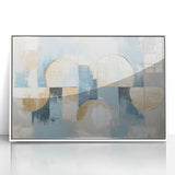 Abstract geometric framed acrylic artwork in white, showcasing sharp angles and vibrant colors, perfect for modern home decor. Ideal for enhancing contemporary interiors while adding a touch of sophistication and creativity.