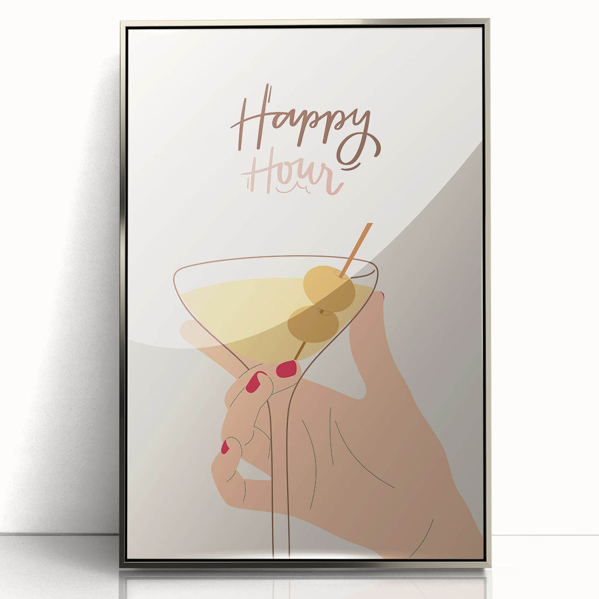 Large art print of mid-century modernist food and drinks, in silver frame, suitable for modern kitchen decor.