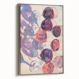 Framed canvas featuring a vintage poster art of various fruits in muted colors, ideal for bedroom wall decor.