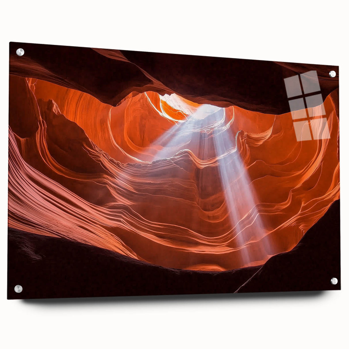 Acrylic landscape artwork depicting canyons in rich earthy tones, displayed in a side view with decorative pins, ideal for modern home decor and art enthusiasts.