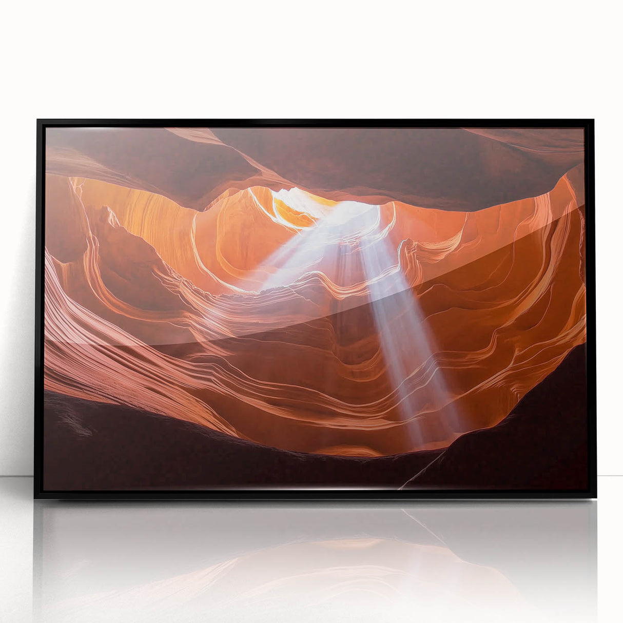 Framed acrylic artwork depicting a vibrant landscape of canyons, featuring rich earthy tones and intricate details, ideal for enhancing modern home decor.